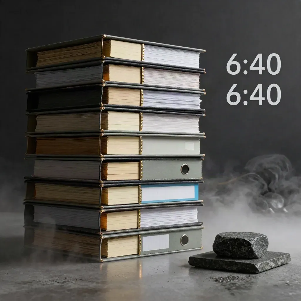 Dramatic stack of project binders, brass dividers, note cards and stone weight in cool morning haze.