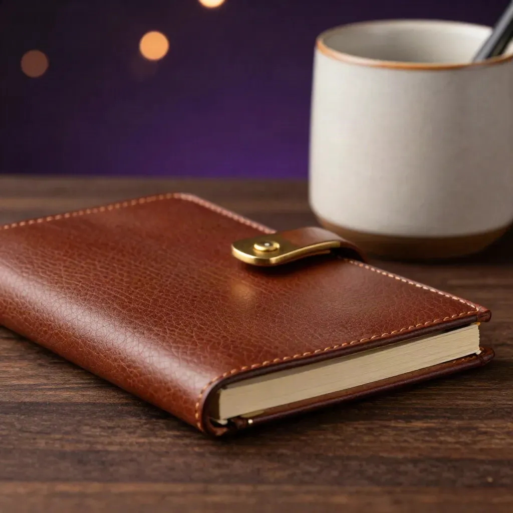 Leather meeting notebook, brass clip, stone paperweight and ceramic pen cup on walnut in warm studio light.