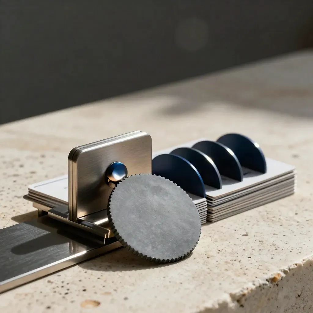 Task tokens and move cards on stone rail, lit with dark bokeh and premium texture.