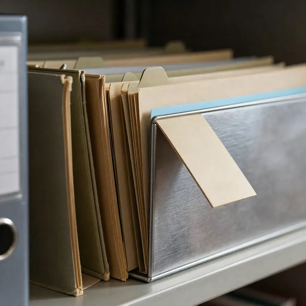 Macro archive folders and a steel file box with one tab pulled forward in soft dust light.